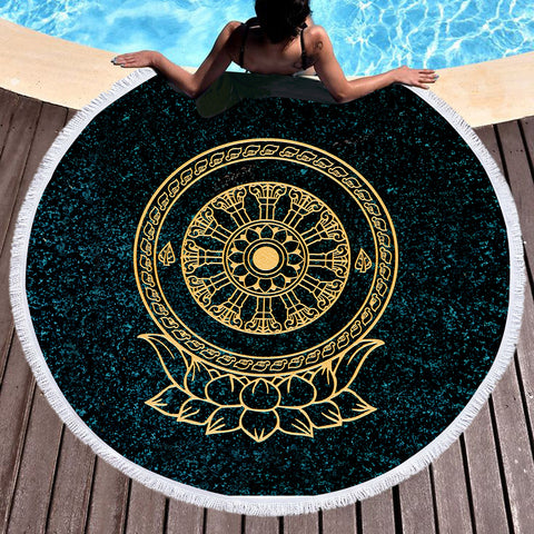 Image of Gold Metal Lotus Mandala  SWST3797 Round Beach Towel