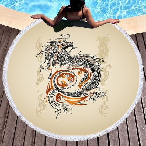 Image of Gold Asian Dragon Beige SWST3798 Round Beach Towel