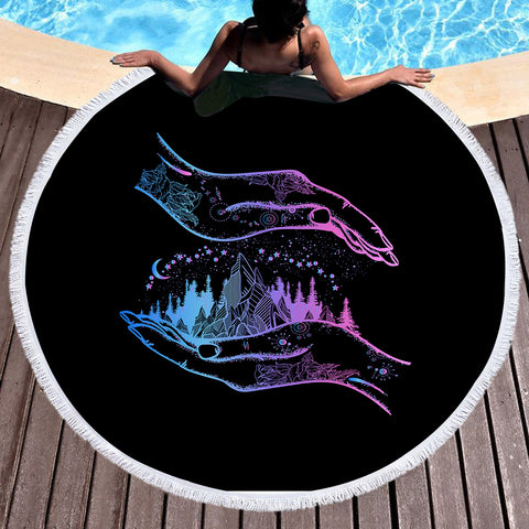 Image of Gradient Blue & Purple Night Forest in Hands  SWST3805 Round Beach Towel