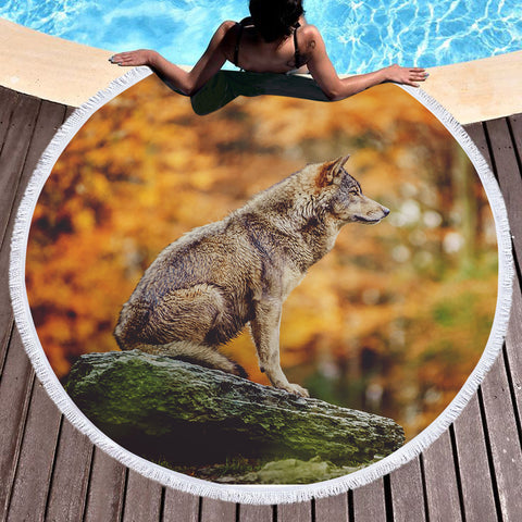 Image of Real Wolf in Forest SWST3807 Round Beach Towel
