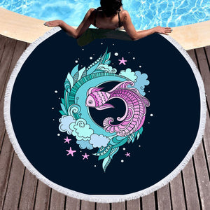 Purple Fish and Water Japanese Art SWST3810 Round Beach Towel