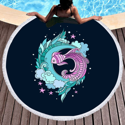 Image of Purple Fish and Water Japanese Art SWST3810 Round Beach Towel