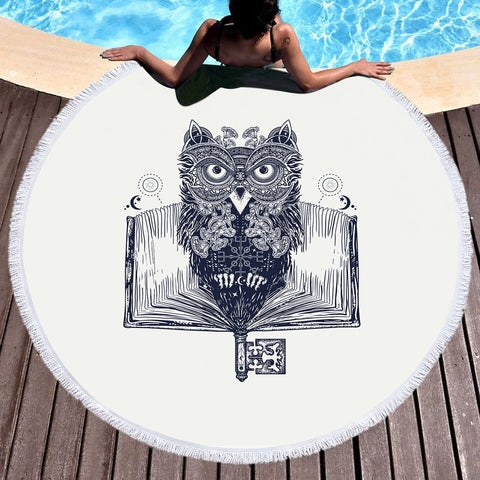 Image of Owl in Book Sketch SWST3811 Round Beach Towel