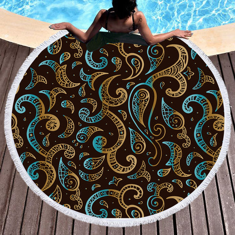 Image of Gold Bandana Pattern in Brown  SWST3812 Round Beach Towel