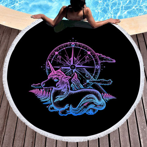 Image of Gradient Unicorn & Compass Sketch SWST3814 Round Beach Towel