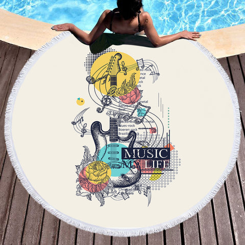 Image of Music Life - Electric Guitar Sketch  SWST3817 Round Beach Towel