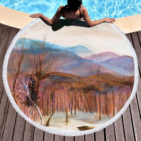 Image of Cozy Landscape Watercolor SWST3864 Round Beach Towel