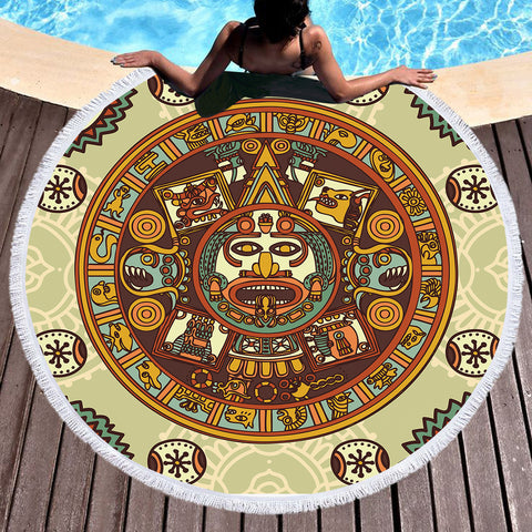 Image of Vintage Acient Aztec Zodiac SWST3867 Round Beach Towel