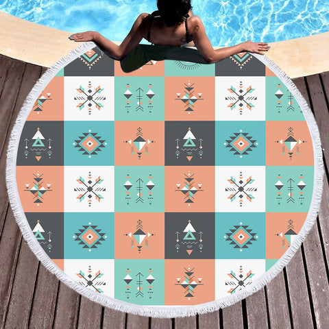 Image of Colorful Pastel Aztec Checkerboard SWST3869 Round Beach Towel