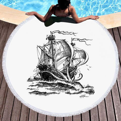 Image of Pirate Ship On Ocean SWST3873 Round Beach Towel