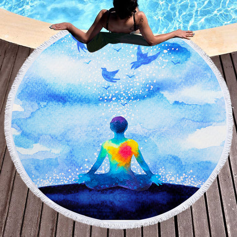 Image of Human Heat Yoga Blue Theme SWST3874 Round Beach Towel