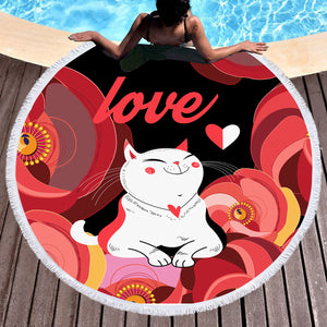 Love White Cat Red Theme Japan Art SWST3881 Round Beach Towel