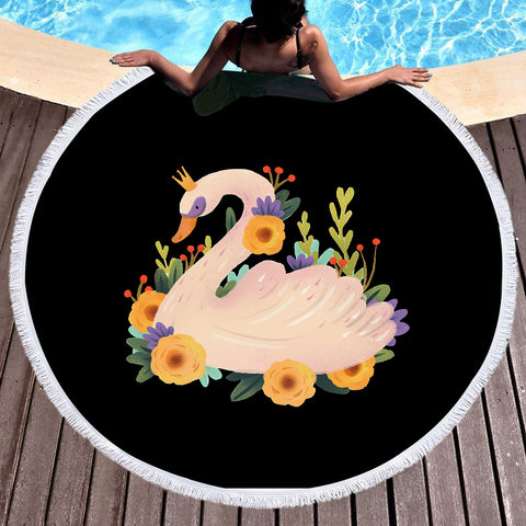Image of Floral Mute Swan Illustration Art SWST3882 Round Beach Towel