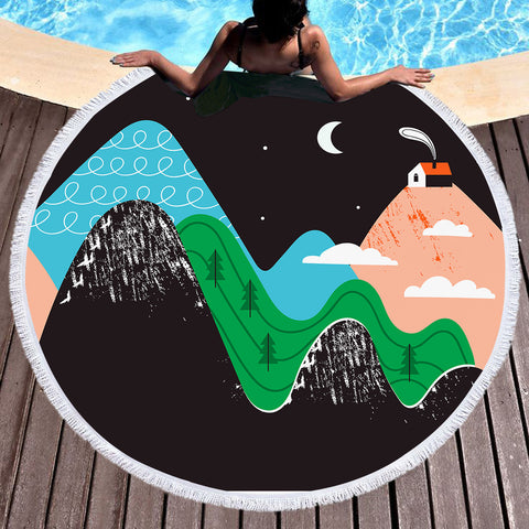 Image of Cute Landscape On Mountain Illustration SWST3884 Round Beach Towel