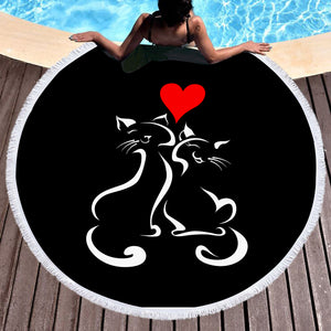 Heart In Love Cat Line Art Black Theme SWST3886 Round Beach Towel