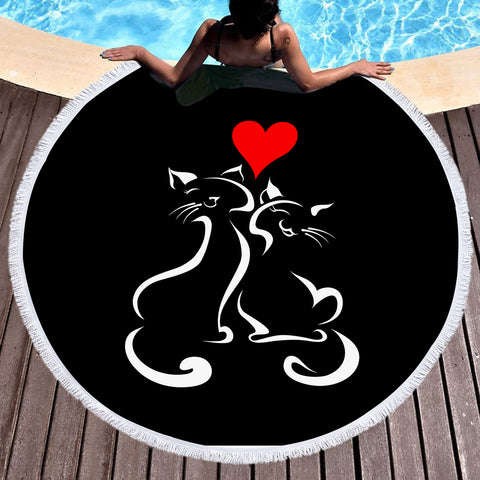 Image of Heart In Love Cat Line Art Black Theme SWST3886 Round Beach Towel