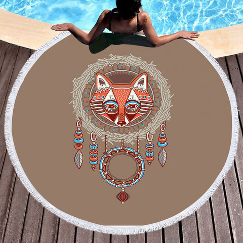 Image of Orange Fox Vintage Color Dream Catcher SWST3919 Round Beach Towel