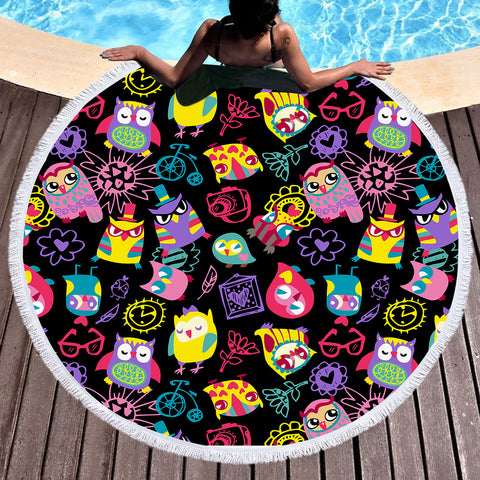 Image of Cute Colorful Owls Cartoon SWST3920 Round Beach Towel