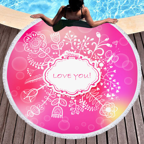 Image of Love You Floral White Frame SWST3923 Round Beach Towel