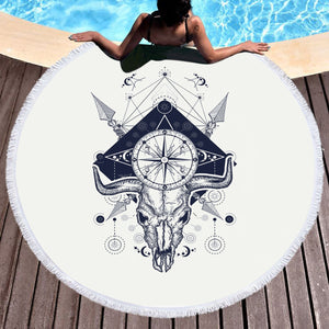 Vintage Buffalo Skull & Compass Sketch  SWST3928 Round Beach Towel