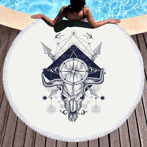 Image of Vintage Buffalo Skull & Compass Sketch  SWST3928 Round Beach Towel