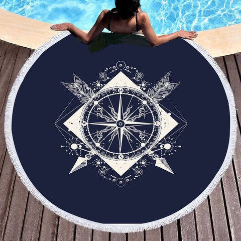 Image of Vintage Compass and Arrows Sketch Navy Theme  SWST3929 Round Beach Towel