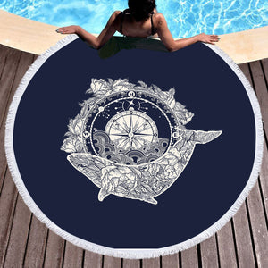 Vintage Floral Whale & Compass Navy Theme SWST3930 Round Beach Towel