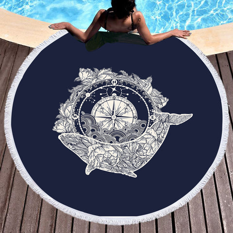 Image of Vintage Floral Whale & Compass Navy Theme SWST3930 Round Beach Towel