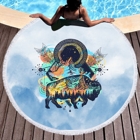 Image of Vintage Buffalo & Compass - Watercolor Pastel Animal Theme SWST3932 Round Beach Towel