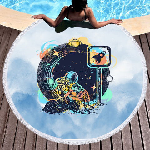 Image of Outer Space Astronaut - Watercolor Pastel Theme Theme SWST3934 Round Beach Towel