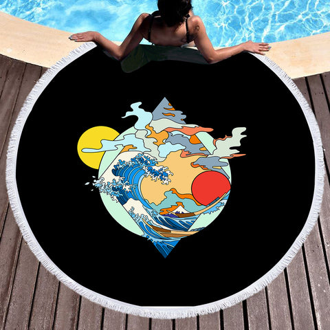 Image of Ocean Waves Japan Art SWST3937 Round Beach Towel