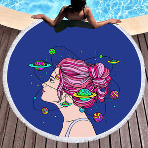 Space Mind Girl Pink Hair Illustration SWST3939 Round Beach Towel