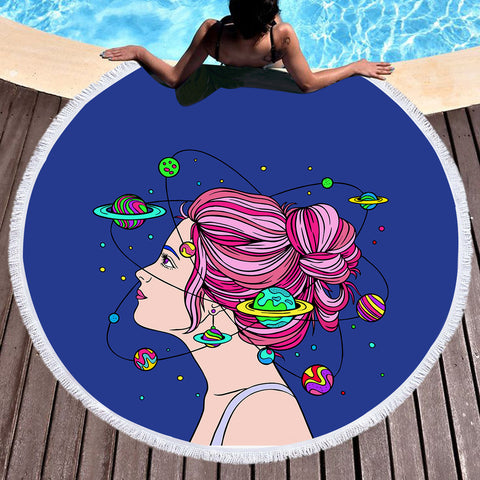 Image of Space Mind Girl Pink Hair Illustration SWST3939 Round Beach Towel