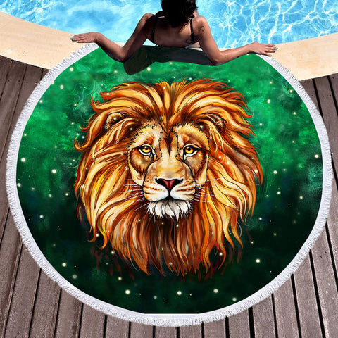 Image of Watercolor Draw Lion Green Theme SWST3941 Round Beach Towel