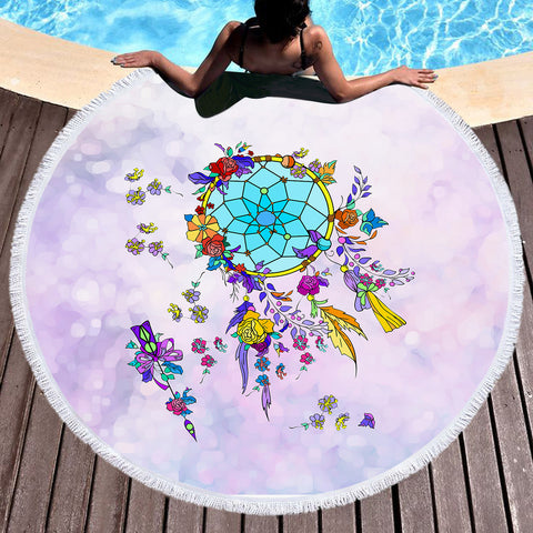 Image of Multicolor Floral Dream Catcher Purple SWST3942 Round Beach Towel
