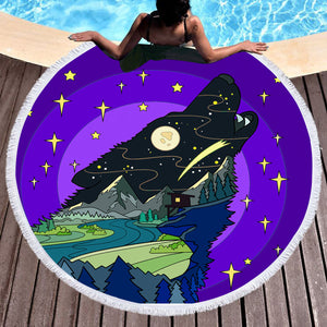 Cartoon Night Landscape Wolf Shape SWST3945 Round Beach Towel