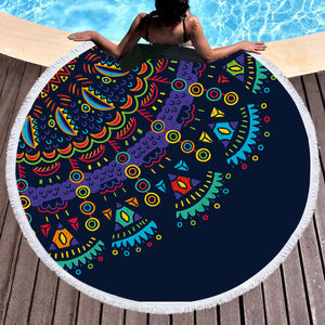 Colorful Cartoon Mandala Navy Theme SWST4097 Round Beach Towel