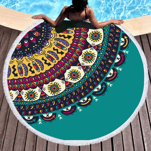 Colorful Geometric Cartoon Mandala Turquoise Theme SWST4098 Round Beach Towel