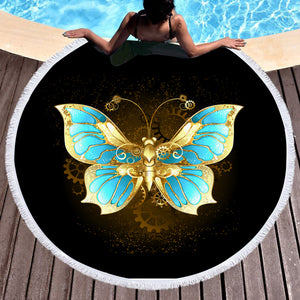 Golden Satin Blue Butterfly SWST4113 Round Beach Towel