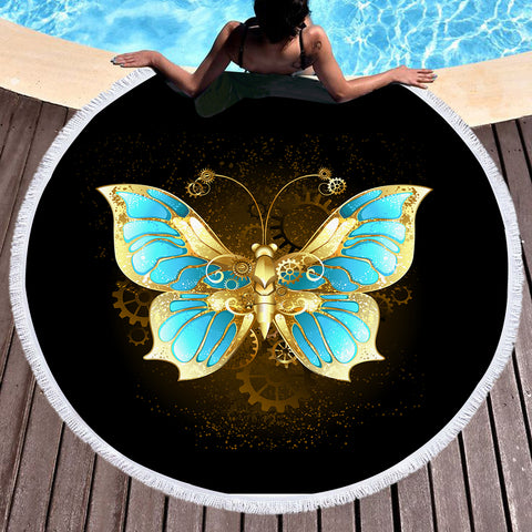 Image of Golden Satin Blue Butterfly SWST4113 Round Beach Towel