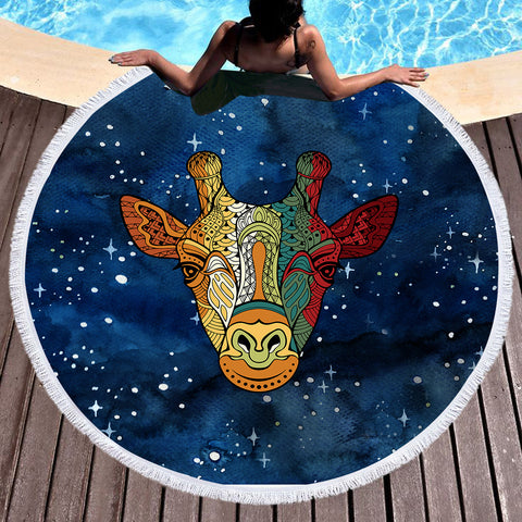 Image of Mandala Giraffe Galaxy Theme SWST4118 Round Beach Towel