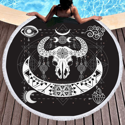 Image of B&W Zodiac Buffalo Skull SWST4119 Round Beach Towel