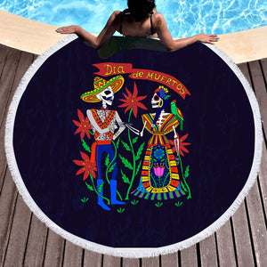 Cartoon Bohemian Skull Couple SWST4121 Round Beach Towel