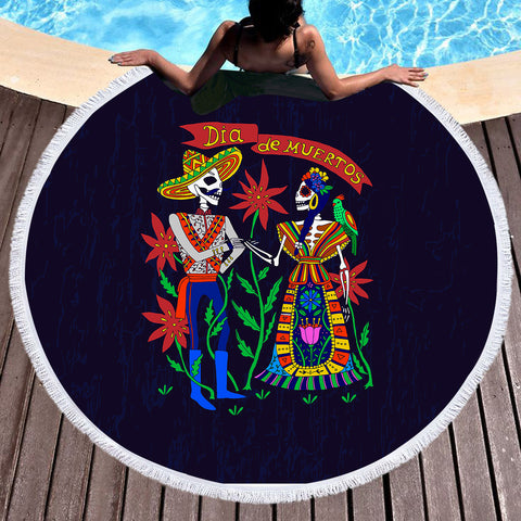 Image of Cartoon Bohemian Skull Couple SWST4121 Round Beach Towel