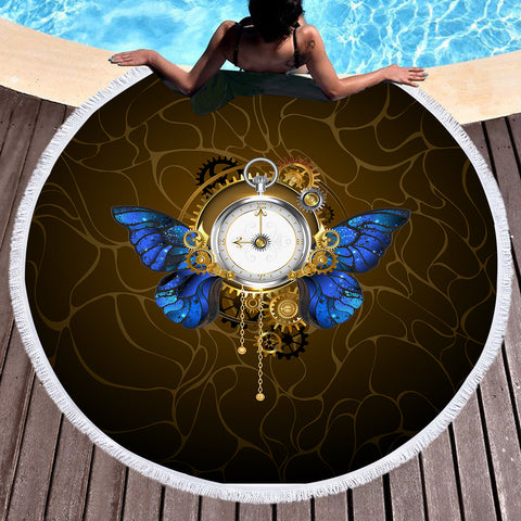 Image of Vintage Golden Clock Blue Butterfly SWST4122 Round Beach Towel