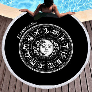 Vintage B&W Sun Moon Round Zodiac SWST4125 Round Beach Towel