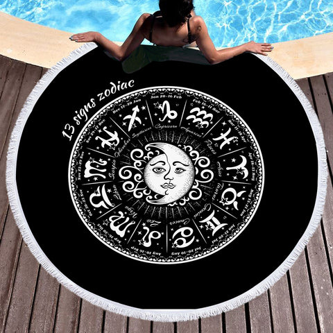 Image of Vintage B&W Sun Moon Round Zodiac SWST4125 Round Beach Towel