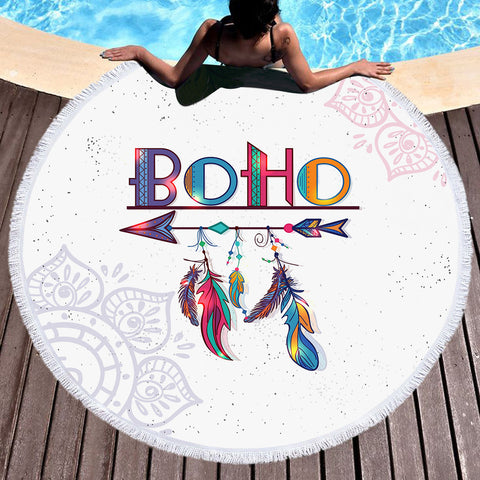 Image of Boho Feather Lotus Mandala  SWST4219 Round Beach Towel