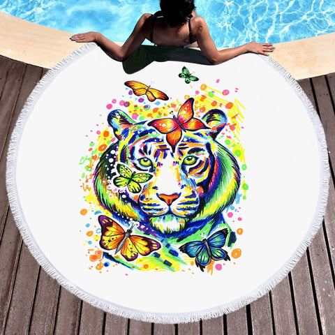 Image of Colorful Watercolor Tiger Sketch & butterfly  SWST4222 Round Beach Towel