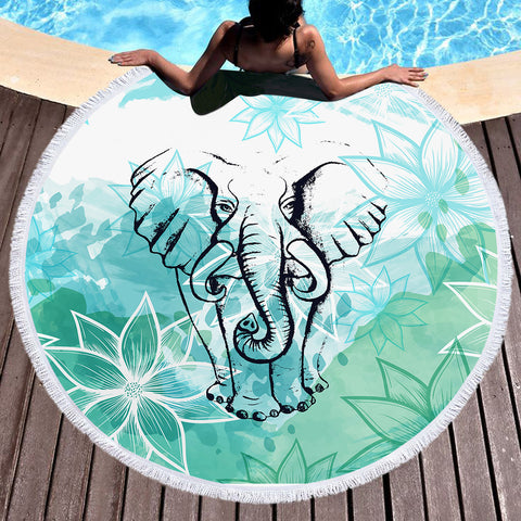 Image of Elephant Sketch Lotus Mint Theme SWST4227 Round Beach Towel